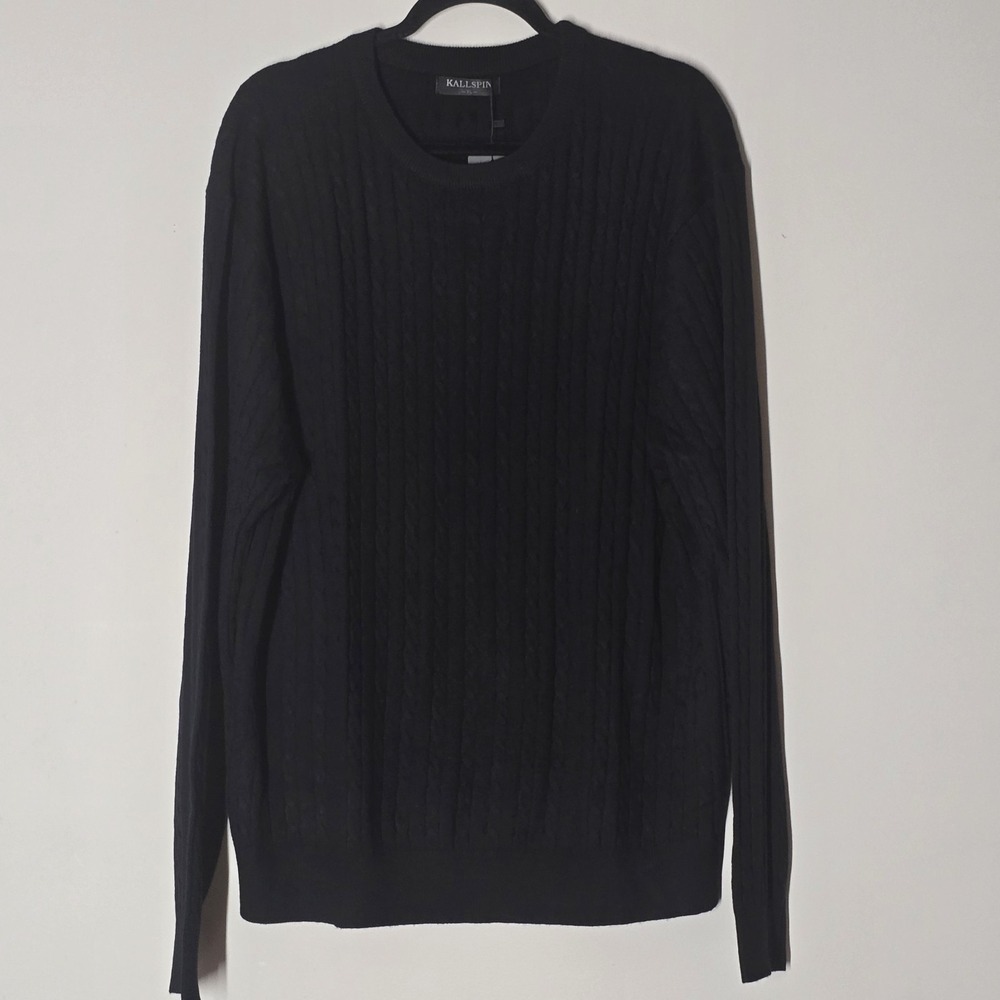 NWT‎ Kallspin Men's Sweater XL Black Wool Blend Cable Knit Long Sleeve Classic